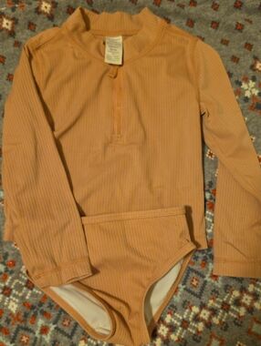 Ribbed Long Sleeve One-Piece Swimsuit in Dusty Peach